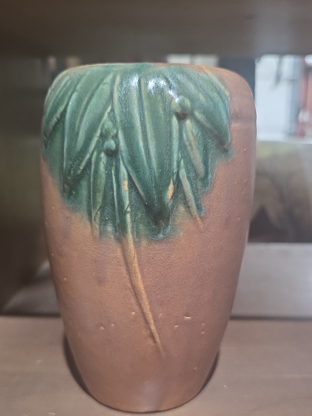 Vintage MCcoy Handcrafted Brown Ceramic Vase with Green Leaf Detail